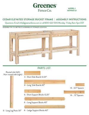 Twelve or Six Bucket Cedar Storage Shelves, 84 in. or 44 in. x 16 in. x 30 in. RCBGS6STW6ST-21